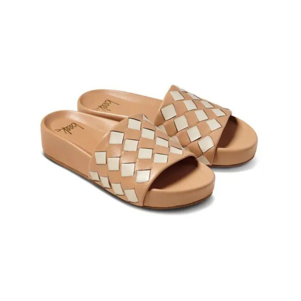 beek Pelican Leather Cream and Ivory Checkered Slide Sandals